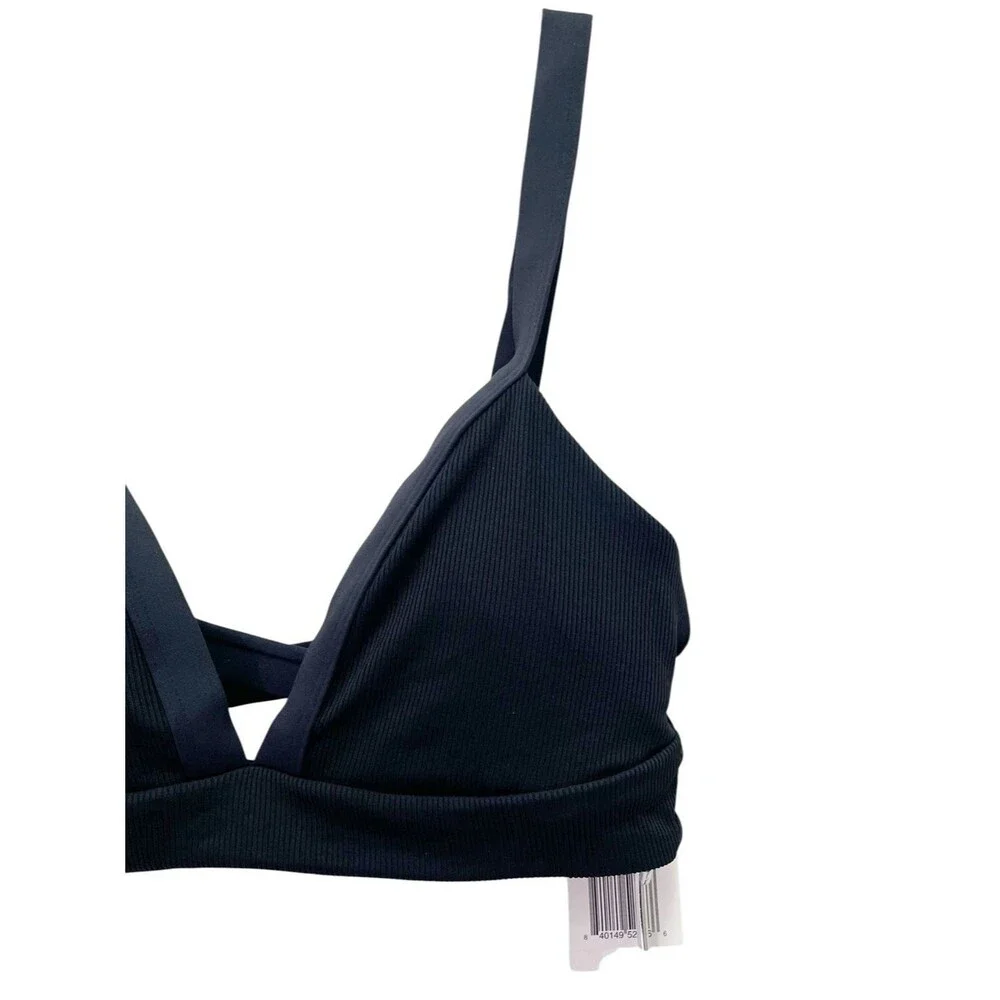 NWT L*Space Vera Bikini Top Size Medium Black Ribbed Deep V Crisscross Back Swim